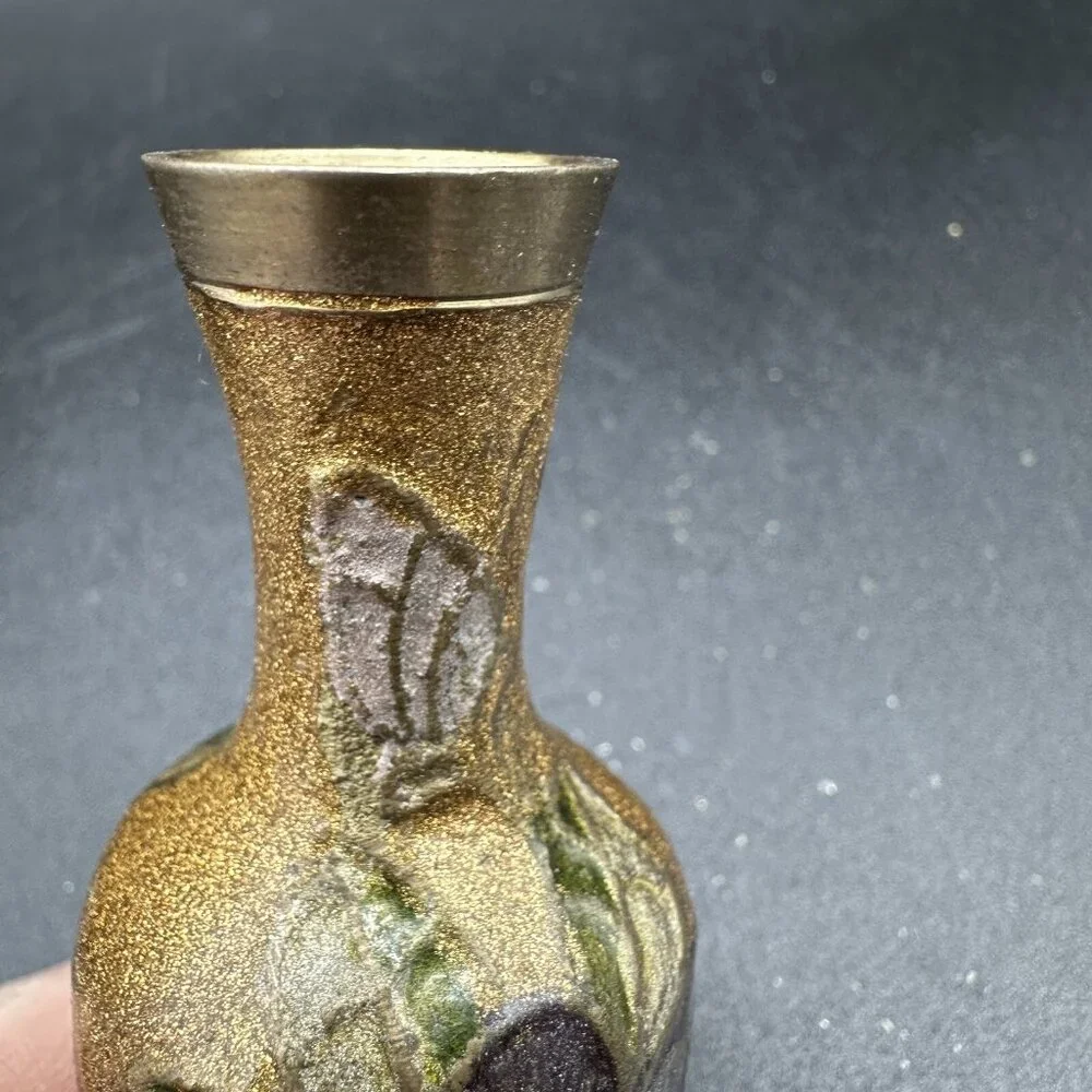 Vintage Miniature Cloisonné Enamel Brass Bud Vase 4” Floral Asian Decor